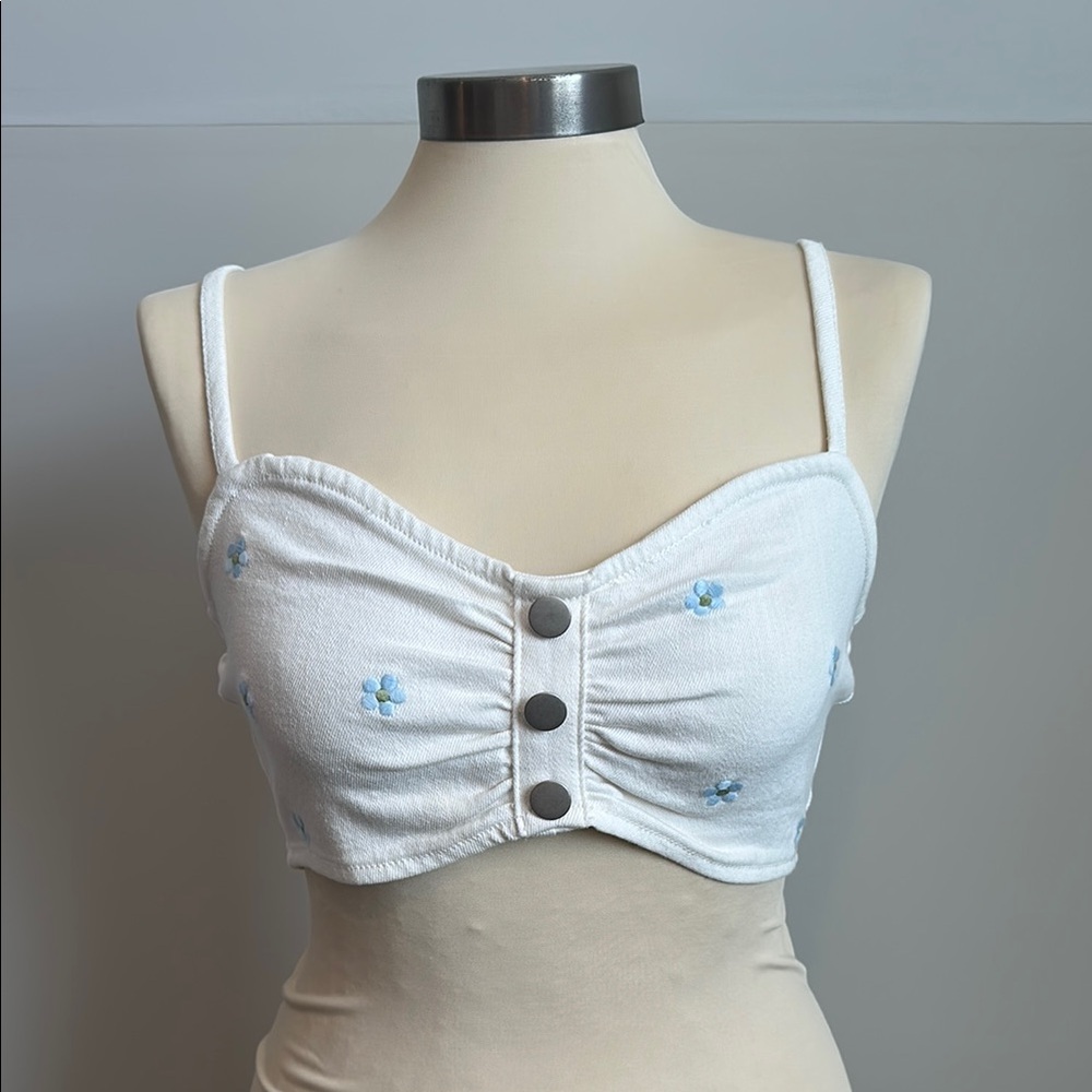 Blue Blush White Crop Top with Blue Floral Accents